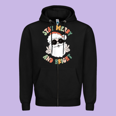 Funny Groovy Stay Merry And Bright Christmas Santa Claus T Shirt Zipper Hoodie Designed By Artmosaic