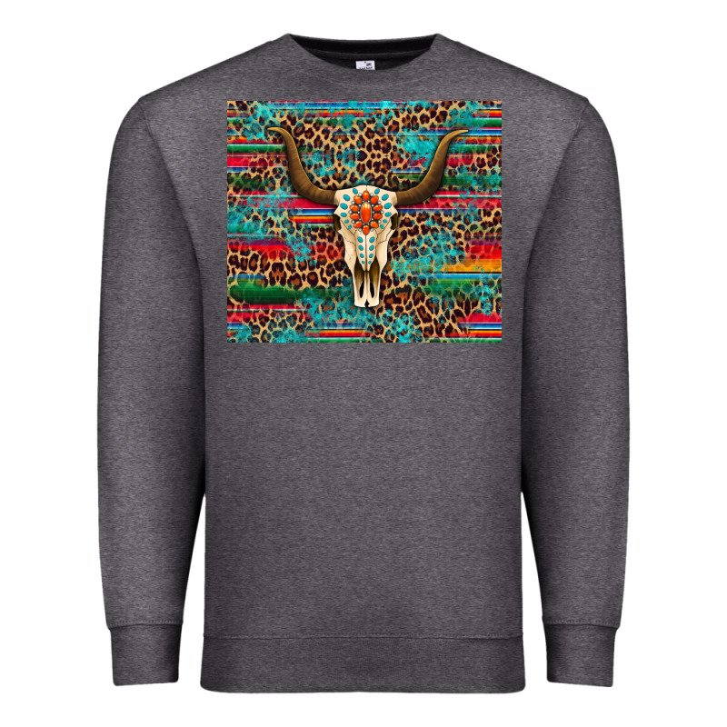 Western Serape Leopard Bull Skull Turquoise Premium Sweatshirt by Artiststas | Teevron