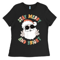 Black funny groovy stay merry and bright christmas santa claus t shirt Ladies Tee - ArtMosaic