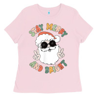Bubblegum Pink funny groovy stay merry and bright christmas santa claus t shirt Ladies Tee - ArtMosaic