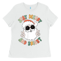 White funny groovy stay merry and bright christmas santa claus t shirt Ladies Tee - ArtMosaic