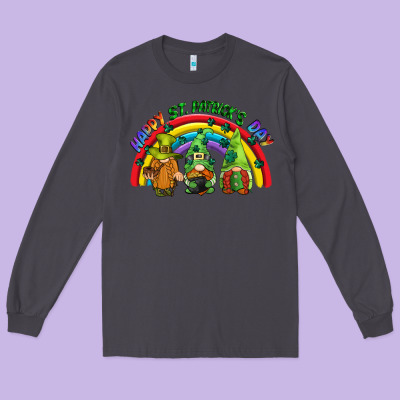 Happy St. Patrick's Day Rainbow Gnomes Long Sleeve Tee Designed By Cowgirlartshop