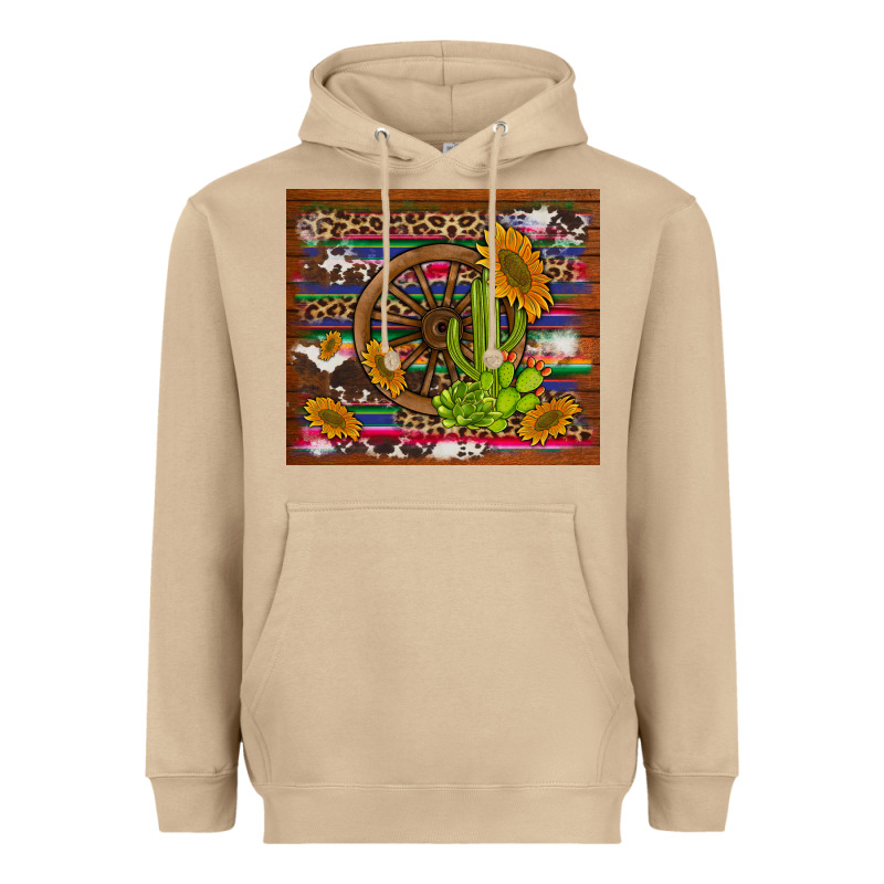 Cactus And Sunflowers With Old Wheel Serape Leopard Cowhide Background Heavyweight Hoodie by Artiststas | Teevron