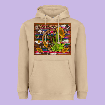 Cactus And Sunflowers With Old Wheel Serape Leopard Cowhide Background Heavyweight Hoodie Designed By Artiststas