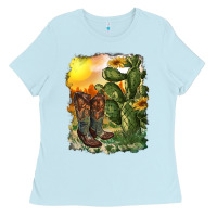 Baby Blue western boots with cactus and desert Ladies Tee - RanaPortraitStore