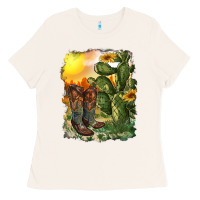 Bone western boots with cactus and desert Ladies Tee - RanaPortraitStore