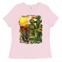 Bubblegum Pink western boots with cactus and desert Ladies Tee - RanaPortraitStore