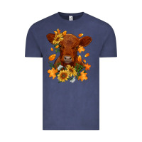 Vintage Denim fall red angus calf dried leaves and sunflowers Vintage Tee - RanaPortraitStore
