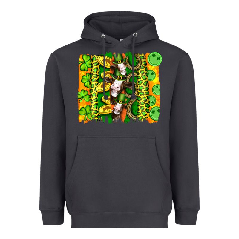 St Patricks Cow And Coin Wıth Clovers And Leopard Brushstrokes Heavyweight Hoodie by Artiststas | Teevron