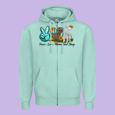 Peace Love Merino Wool Sheep Zipper Hoodie Designed By Lillyallendesigns
