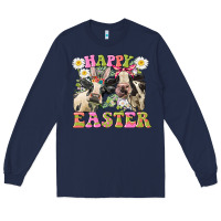 Navy Happy Easter Heifers Easter Day Long Sleeve Tee - CowGirlArtShop