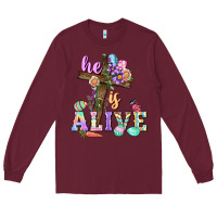 Burgundy He is alive Easter Day Long Sleeve Tee - CowGirlArtShop