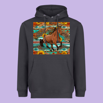 Galloping Horse Aztec Sunflower Heavyweight Hoodie Designed By Artiststas