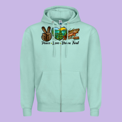 Peace Love Brown Trout Zipper Hoodie Designed By Lillyallendesigns