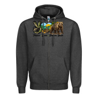 Charcoal Heather Peace Love Brown Bear Zipper Hoodie - LillyAllenDesigns