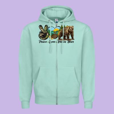 Peace Love Brown Bear Zipper Hoodie Designed By Lillyallendesigns