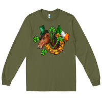 Army Green Horse with horseshoe St. Patrick's Long Sleeve Tee - CowGirlArtShop
