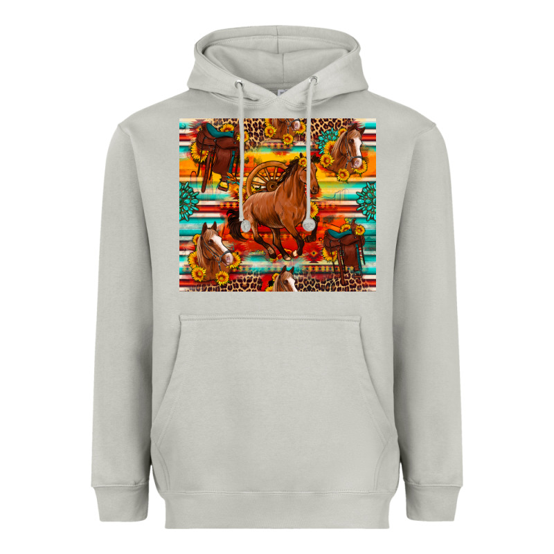 Galloping Horse Serape Sunflowers Turquoise And Saddles Heavyweight Hoodie by Artiststas | Teevron