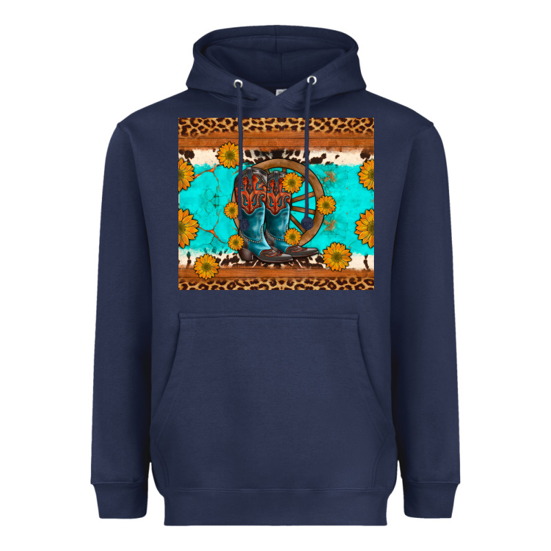 Cowboy Boots And Sunflowers Turquoise Leopard Background Heavyweight Hoodie by Artiststas | Teevron