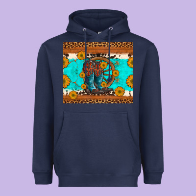 Cowboy Boots And Sunflowers Turquoise Leopard Background Heavyweight Hoodie Designed By Artiststas
