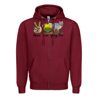 Burgundy Peace Love Gray Fox Zipper Hoodie - LillyAllenDesigns