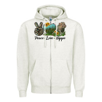 Oatmeal Heather Peace Love Hippo Zipper Hoodie - LillyAllenDesigns