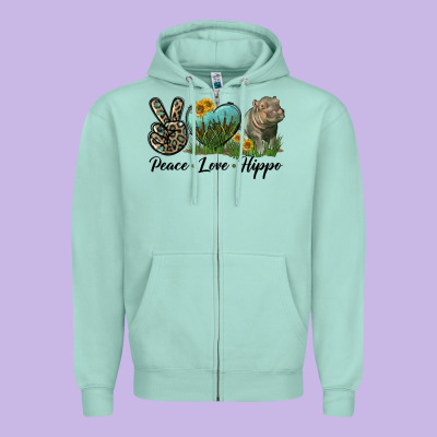 Peace Love Hippo Zipper Hoodie Designed By Lillyallendesigns