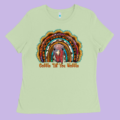 Gobble Till You Wobble Thanksgiving Rainbow Ladies Tee Designed By Ranaportraitstore