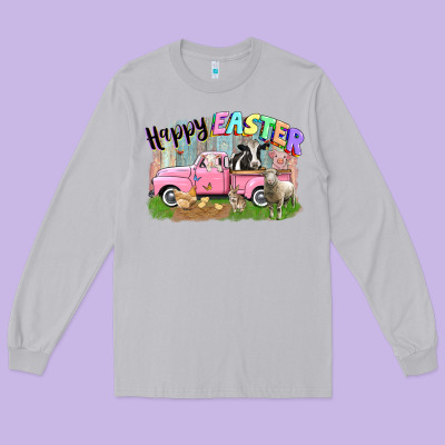 Happy Easter Truck With Farm Animals Easter Day Long Sleeve Tee Designed By Cowgirlartshop