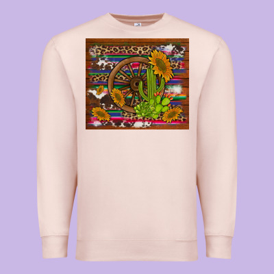 Cactus And Sunflowers With Old Wheel Serape Leopard Cowhide Background Premium Sweatshirt Designed By Artiststas