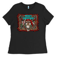 Black merry christmas bull skull Ladies Tee - RanaPortraitStore