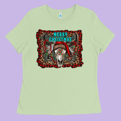 Merry Christmas Bull Skull Ladies Tee Designed By Ranaportraitstore