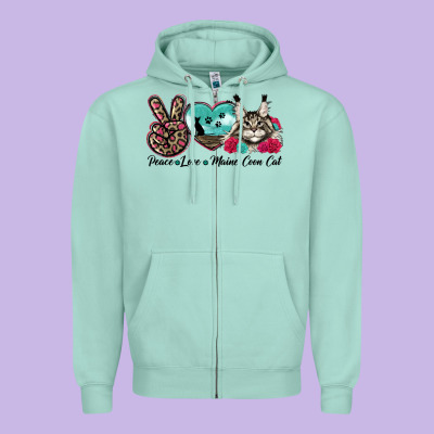 Peace Love Maine Coon Cat Zipper Hoodie Designed By Lillyallendesigns