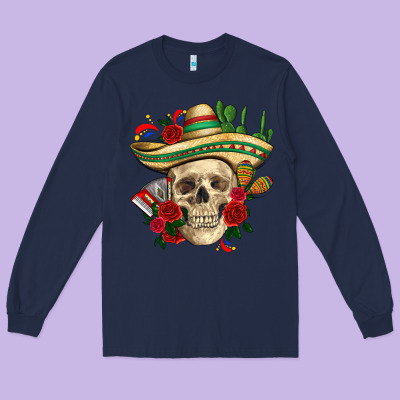 Di De Los Muertos With Roses Mexico Long Sleeve Tee Designed By Howdyjamesfarm