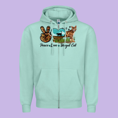 Peace Love Bengal Cat Zipper Hoodie Designed By Lillyallendesigns