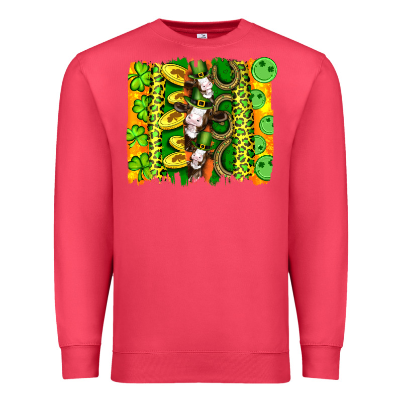 St Patricks Cow And Coin Wıth Clovers And Leopard Brushstrokes Premium Sweatshirt by Artiststas | Teevron