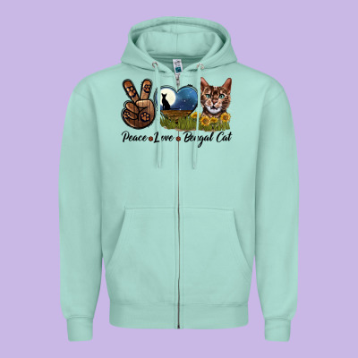 Peace Love Bengal Cat Head Zipper Hoodie Designed By Lillyallendesigns