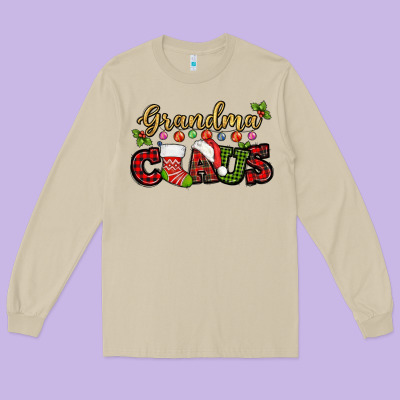 Grandma Claus With Christmas Gift Sock Mother's Long Sleeve Tee Designed By Howdyjamesfarm