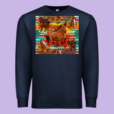 Galloping Horse Serape Sunflowers Turquoise And Saddles Premium Sweatshirt Designed By Artiststas