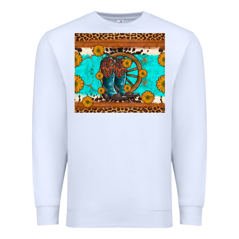 Cowboy Boots And Sunflowers Turquoise Leopard Background Premium Sweatshirt by Artiststas | Teevron