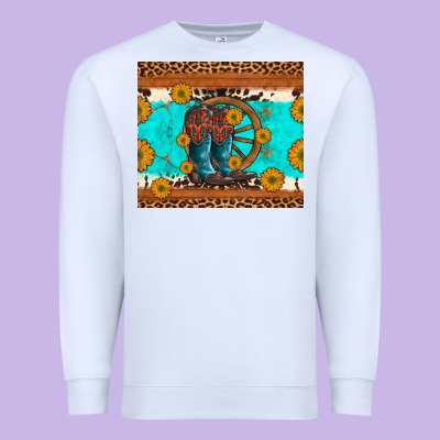 Cowboy Boots And Sunflowers Turquoise Leopard Background Premium Sweatshirt Designed By Artiststas