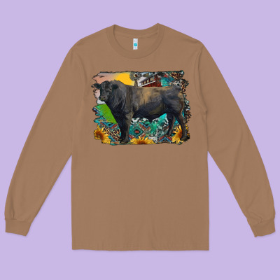 Black Angus Bull With Aztec And Farm Background Long Sleeve Tee Designed By Ranaportraitstore
