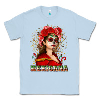 Dusty Blue Sugar skull girl with Mexicana Classic Tee - NancyCooperArtShop