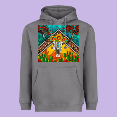Western Sunflowers Longhorn Bull Skull Heavyweight Hoodie Designed By Artiststas