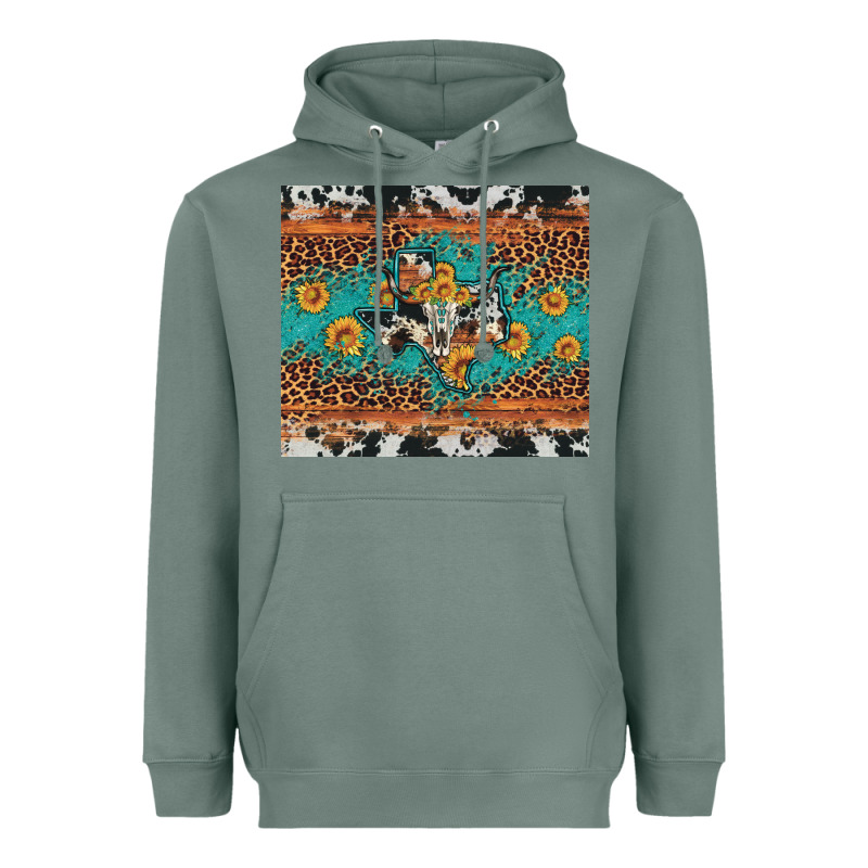 Bull Skull Texas Map Sunflower Leopard Cowhide Heavyweight Hoodie by Artiststas | Teevron