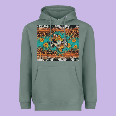 Bull Skull Texas Map Sunflower Leopard Cowhide Heavyweight Hoodie Designed By Artiststas