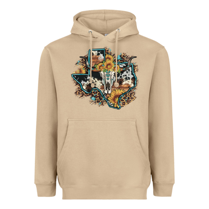 Bull Skull Leopard Cowhide Sunflower Texas Map Heavyweight Hoodie by Artiststas | Teevron