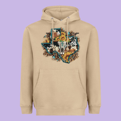 Bull Skull Leopard Cowhide Sunflower Texas Map Heavyweight Hoodie Designed By Artiststas