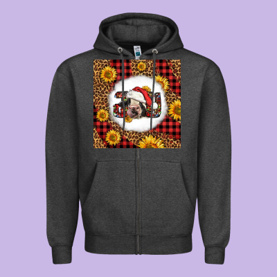 Joy Christmas Cow Zipper Hoodie Designed By Lillyallendesigns