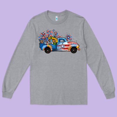 Usa 4th Of July Sunflower Truck Long Sleeve Tee Designed By Jasminsmagicworld